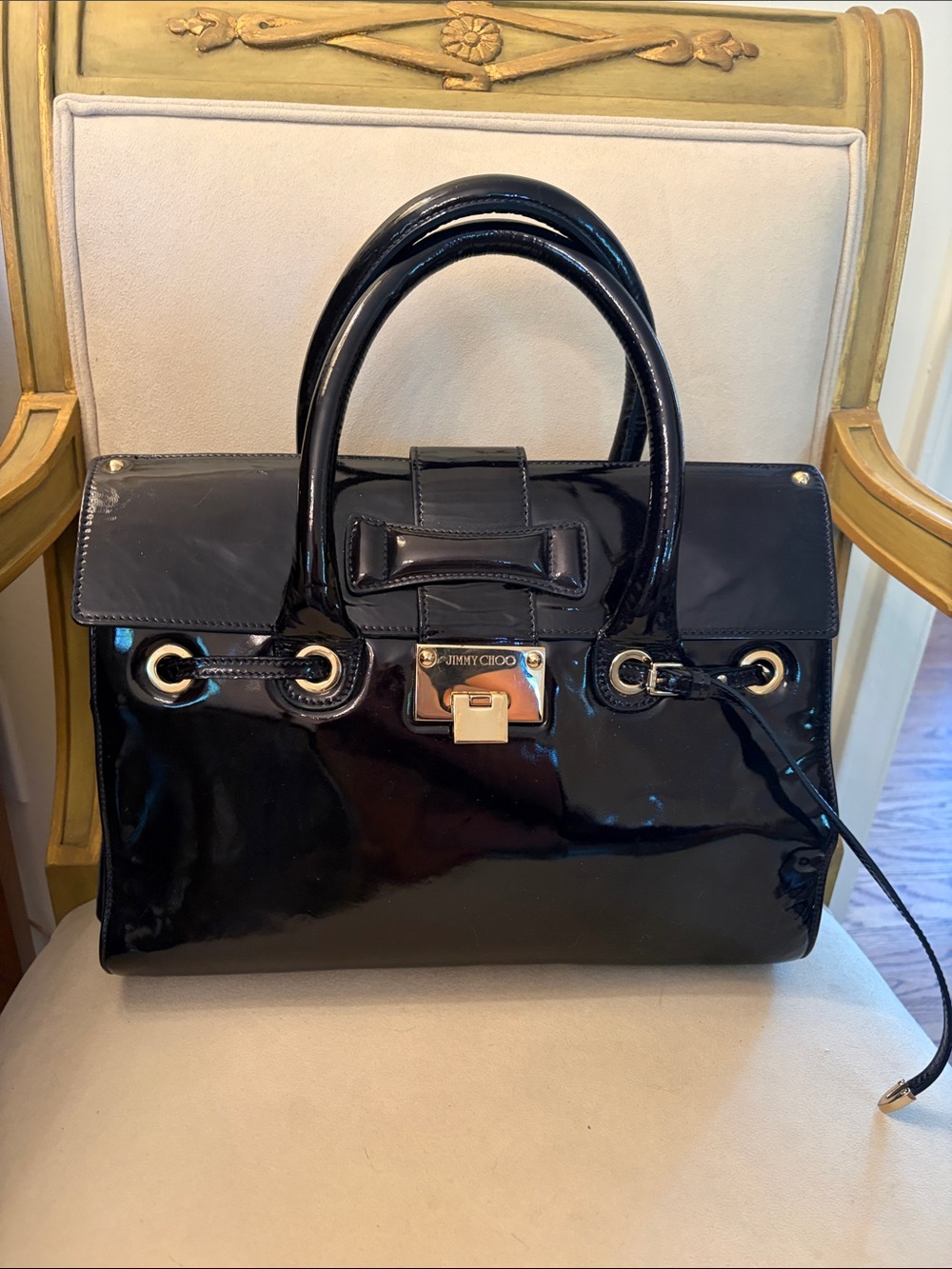 Jimmy Choo Patent Leather Satchel Handbag in Deep Navy